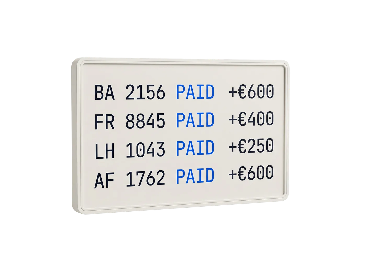 Departure board of recent flight delay compensation payouts